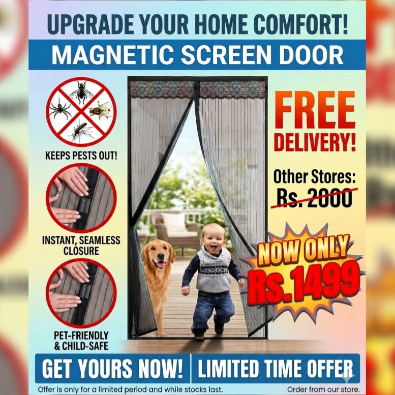 hunt pk Advertisement for a magnetic screen door with promotional text and images of a child and dog.