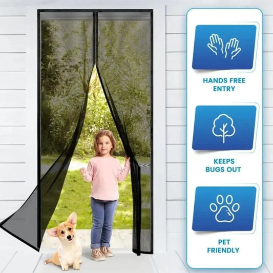 hunt pk Child and dog standing in front of a magnetic screen door with features listed on the right.
