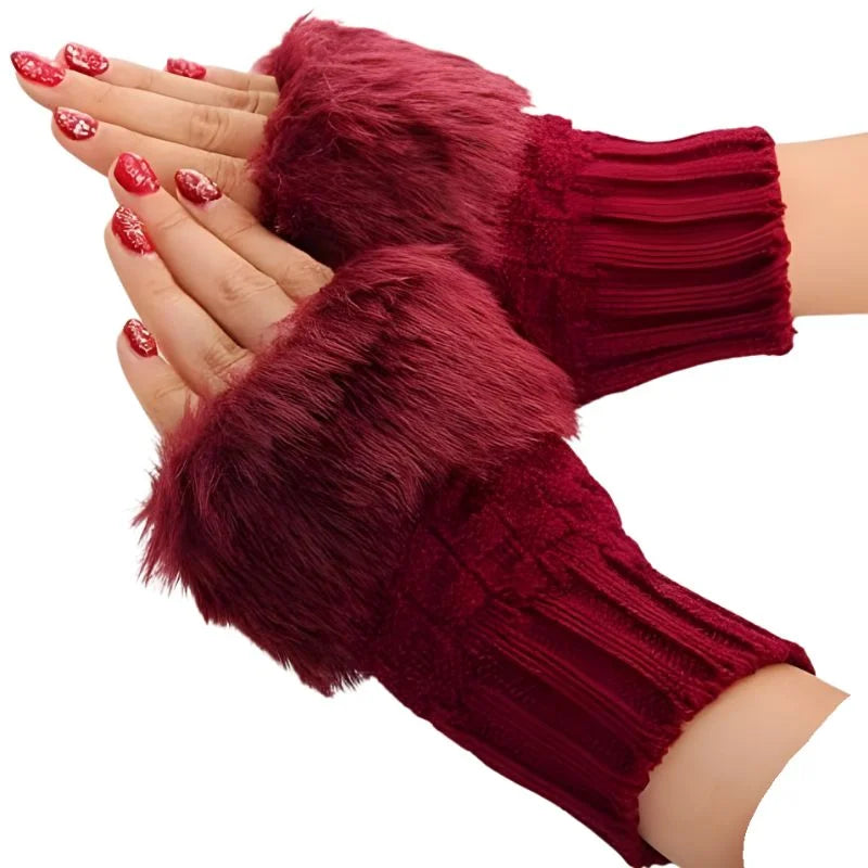 Hunt PK Red fingerless gloves with furry cuffs worn by a person on a white background