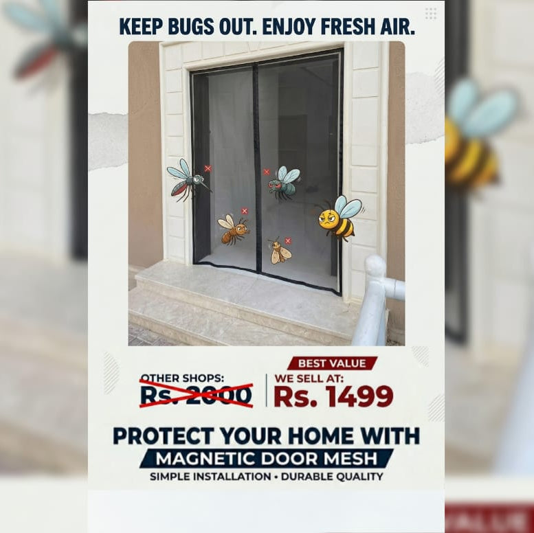 hunt pk Advertisement for magnetic door mesh with text and price on a blurred background