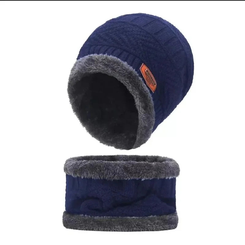 Hunt PK Blue and gray knitted hat and scarf set on a white background