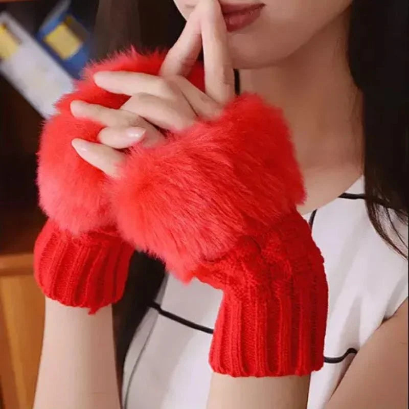 Women’s Faux Fur Fingerless Knitted Gloves